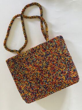 VINTAGE HANDMADE Colorful Confetti Seed Bead Bag Bohemian